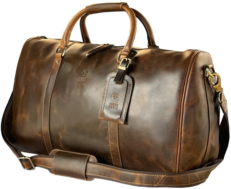 Rustic Town Leather Holdall Bags for Men - Travel Overnight Duffle - Weekend Carry On Suitcase - Underseat Flight Cabin Duffel Bag, Brown, L, Mens leather weekend bag - Image 1